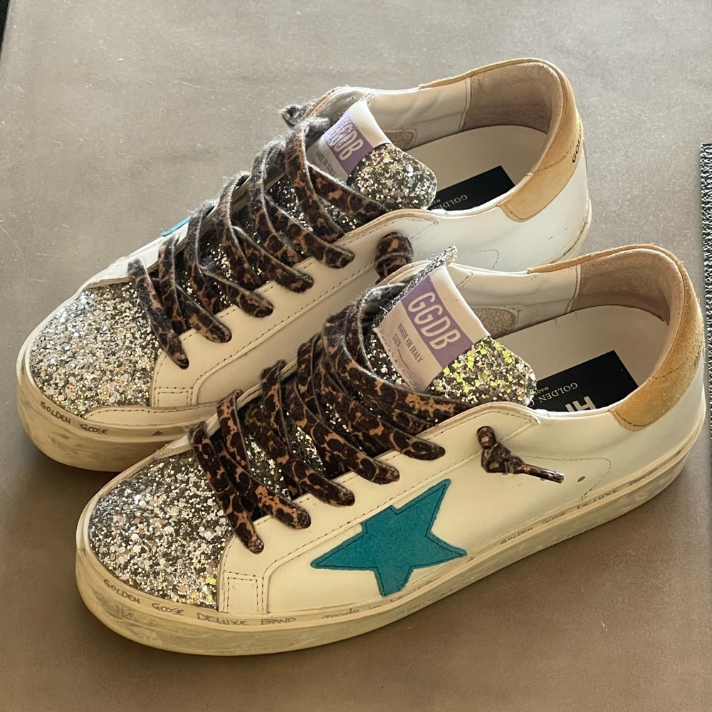 Golden Goose White Leather Sneakers with Silver Glitter Toe and Teal Star
